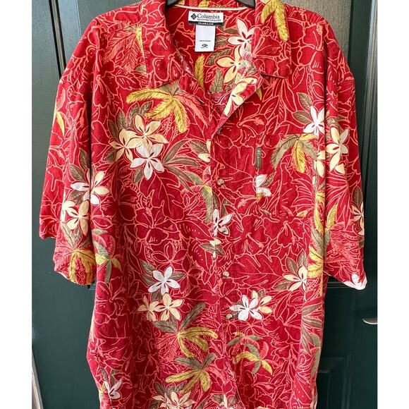 Columbia Men’s 2XT Linen Cotton Hawaiian Shirt Red Floral Aloha Button Front EUC - Picture 2 of 8